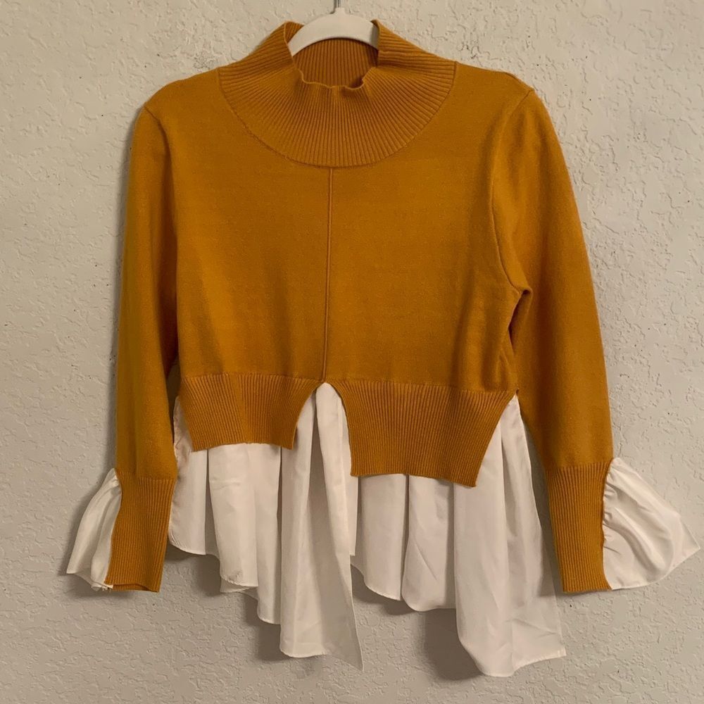 Luzabelle Mustard Cowl Neck Sweater with White Accents Size S